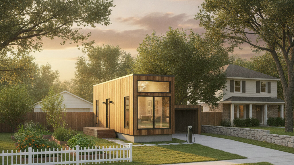 Architectural editorial photograph illustrating what is a tiny home on a typical American residential lot in golden afternoon light.