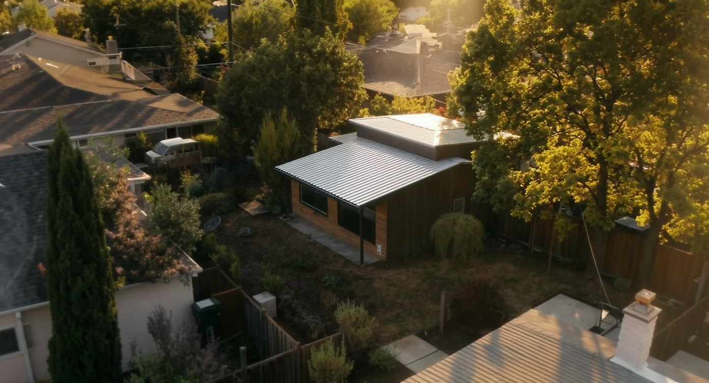 Detached backyard ADU on a residential lot photographed from above at golden hour