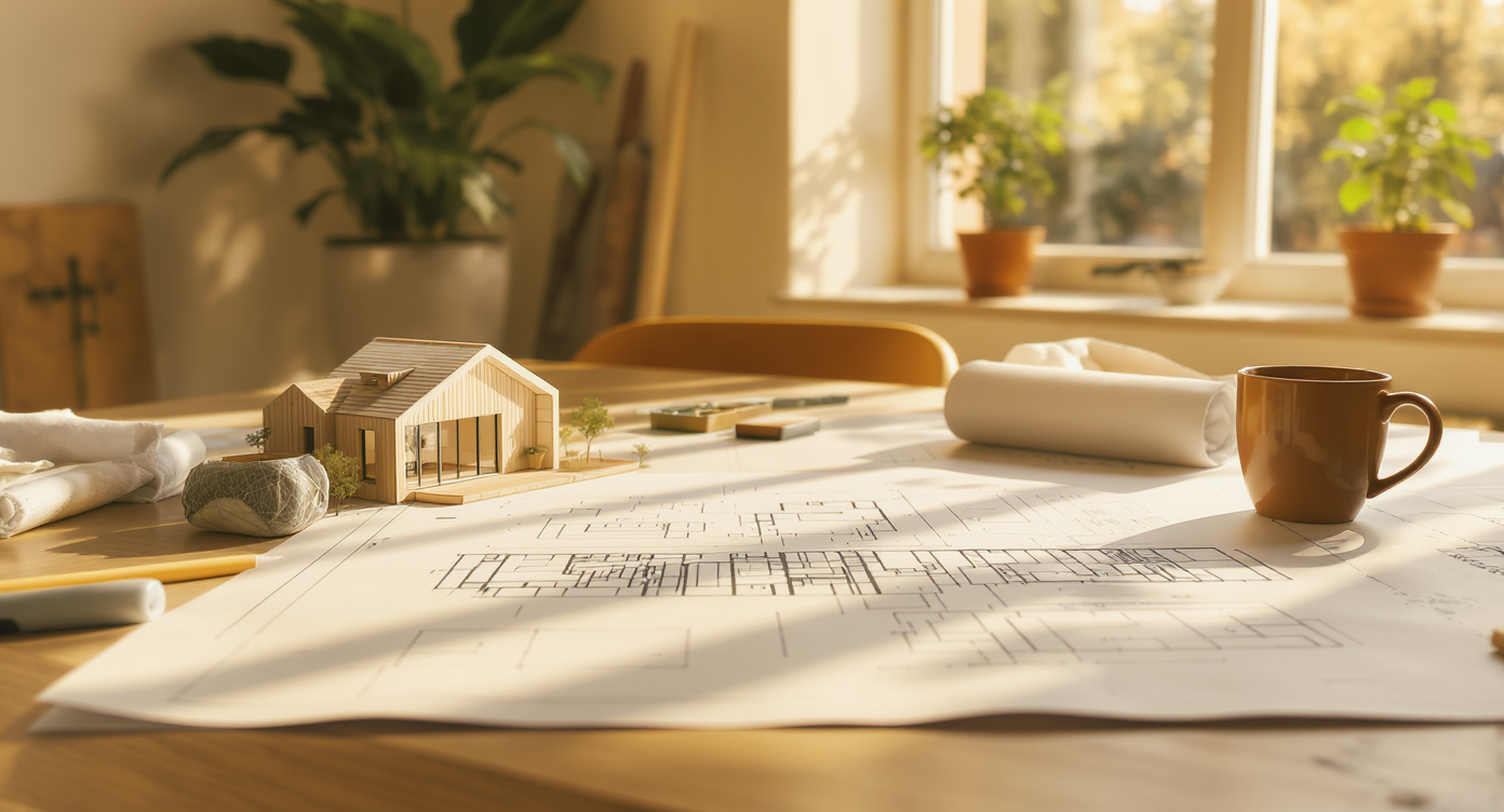 A drafting table with blueprints and an architectural model of a modern prefab home, set in a brightly lit, minimalist studio.