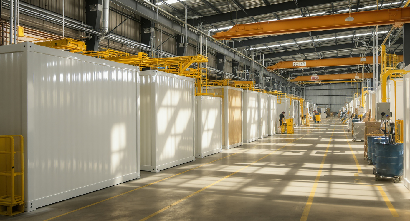 Factory floor with assembled modular home wall sections, illuminated by natural light, conveying efficiency and modern construction.