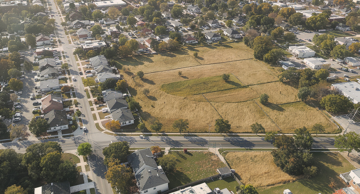 Aerial view of a city neighborhood showing a mosaic of residential buildings and numerous undeveloped, empty lots.