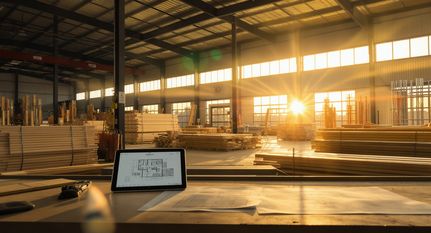 A tablet showing blueprints rests on a workbench inside a sunlit, modern modular home factory.