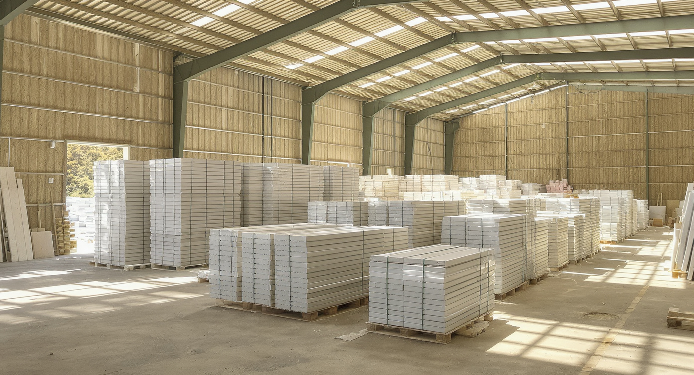 Stacked prefabricated wall panels and roof trusses in a brightly lit workshop, highlighting efficient construction methods.