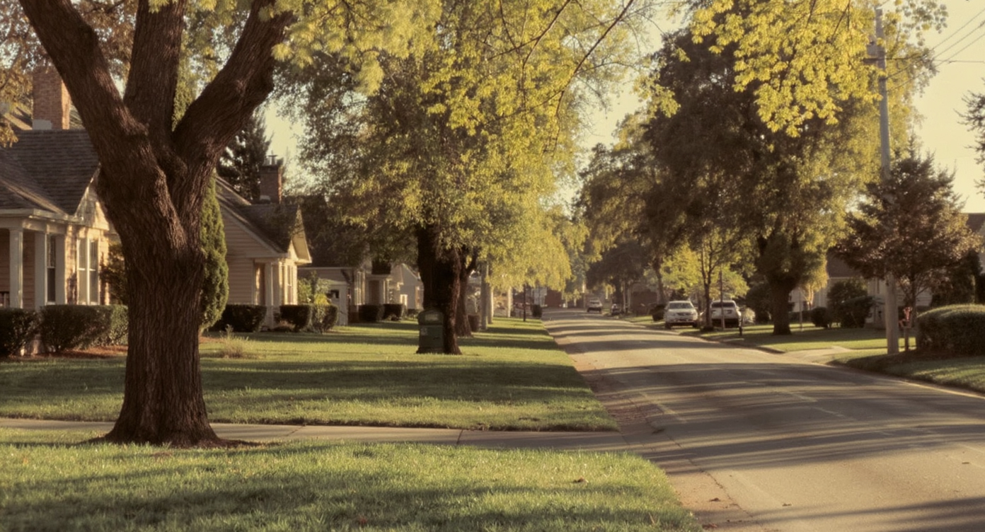 A quiet suburban street with manicured lawns and houses, hinting at the presence of homeowners association regulations.