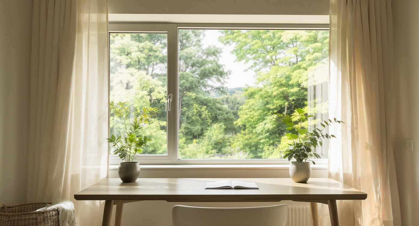 Interior view of a bright, modern home office with a view of nature, emphasizing natural light and calm design.