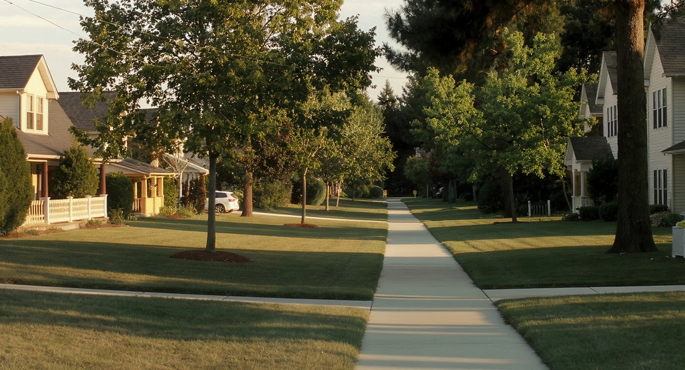 A quiet suburban street with several well-kept single-family homes under a clear sky.