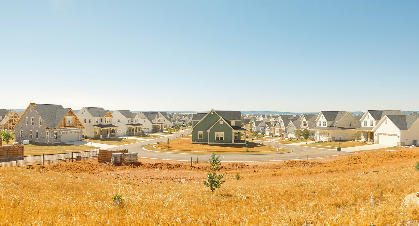 Panoramic view of a developing residential neighborhood with a mix of new homes under construction and completed houses, bathed in natural light.