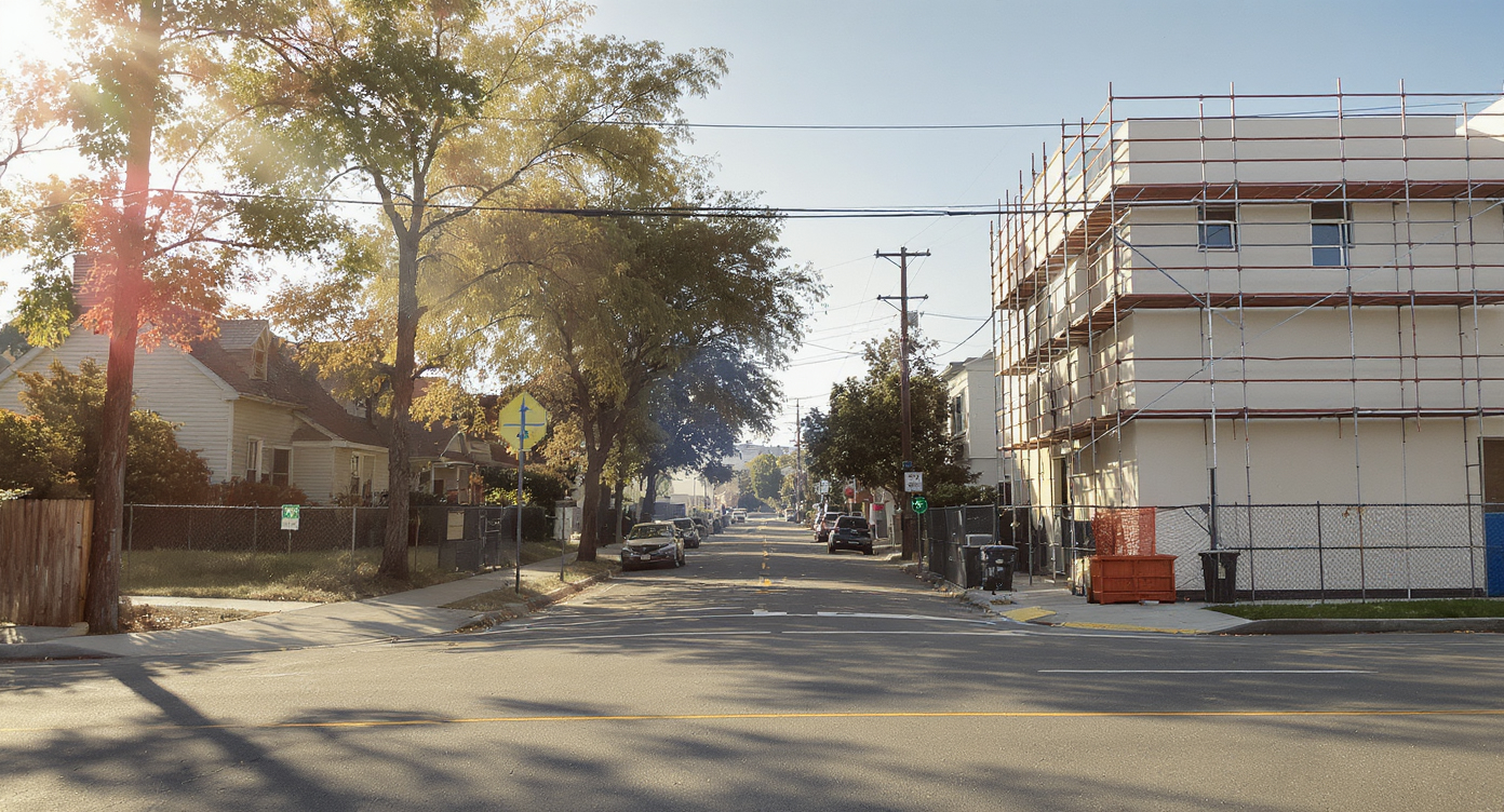 A street corner in a revitalizing neighborhood, showing existing homes and a new modular construction site bathed in warm sunlight.
