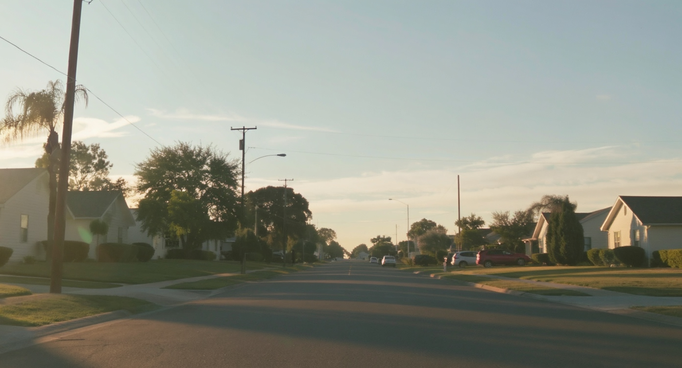 A quiet suburban street with well-maintained homes under a soft afternoon sky, reflecting a pause in the housing market.