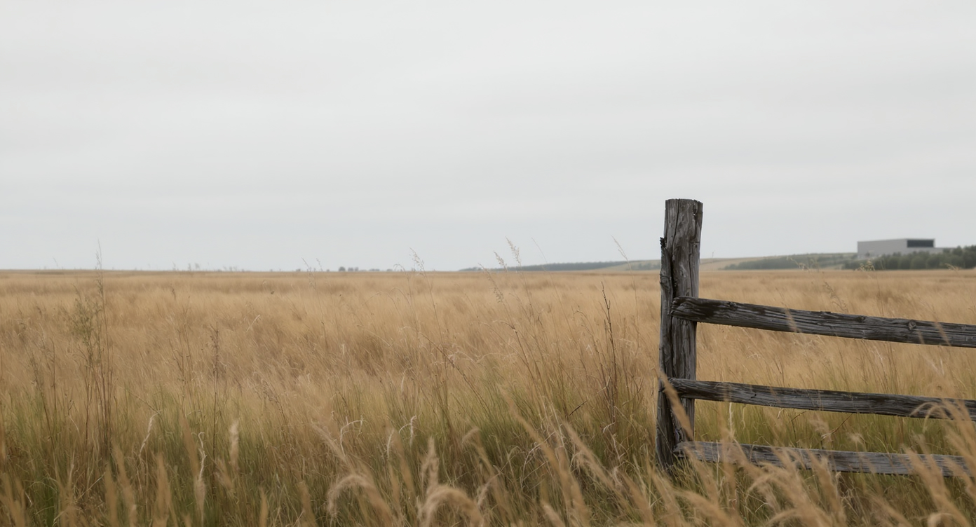 A wooden fence post in a dry field with a subtle glimpse of a modern home in the distance, conveying the theme of housing and natural elements.