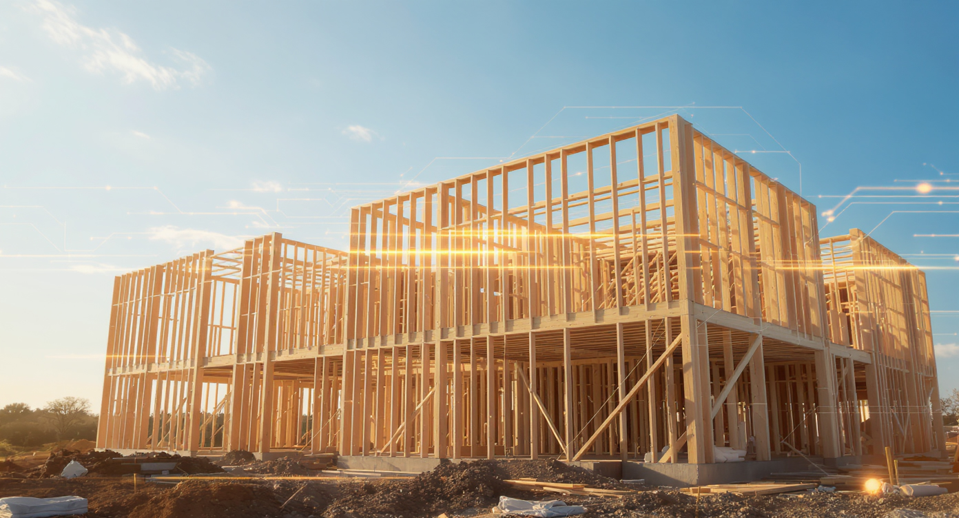 Construction site with abstract digital light overlays, suggesting the integration of AI and technology in the building process.