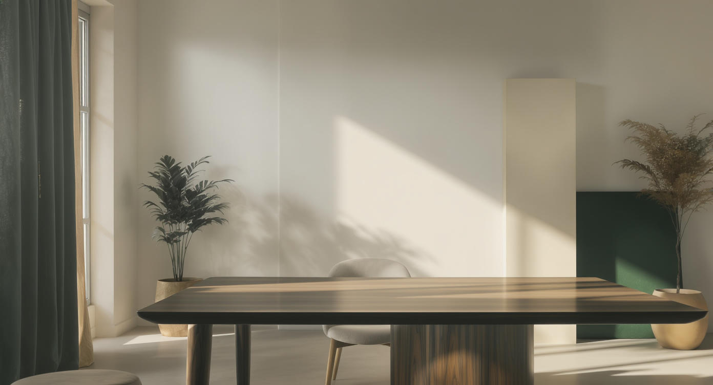 A minimalist studio setting with a dark wood table, reflecting soft natural light, with subtle forest green and cream accents.
