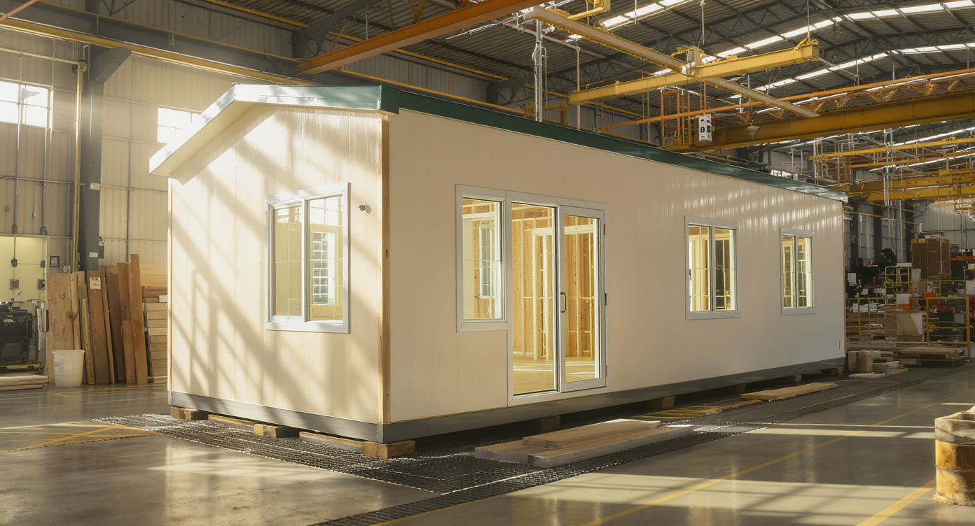 A modular home unit under construction inside a bright, modern factory, highlighting the precision of off-site building.