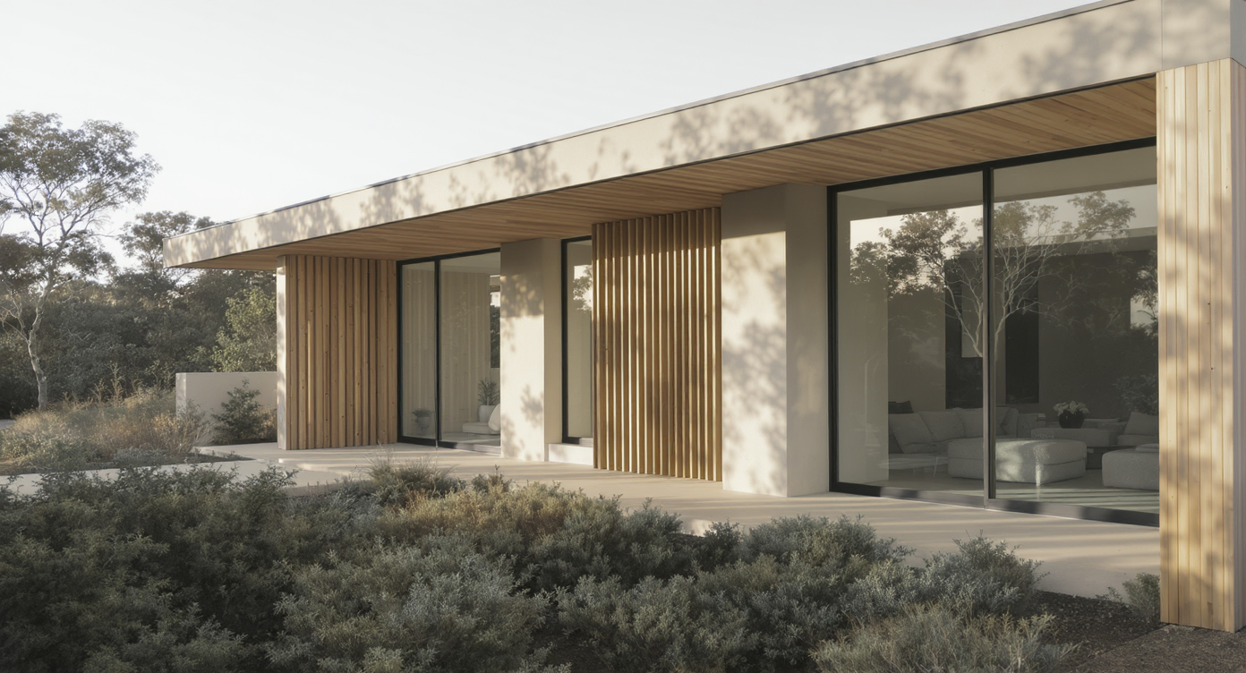 Modern minimalist home exterior with natural wood accents and large windows bathed in soft daylight.