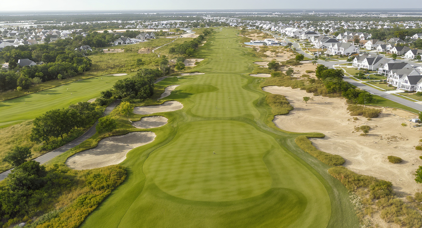 Aerial view of a former golf course being redeveloped for housing, showing cleared construction areas and the beginnings of new homes.