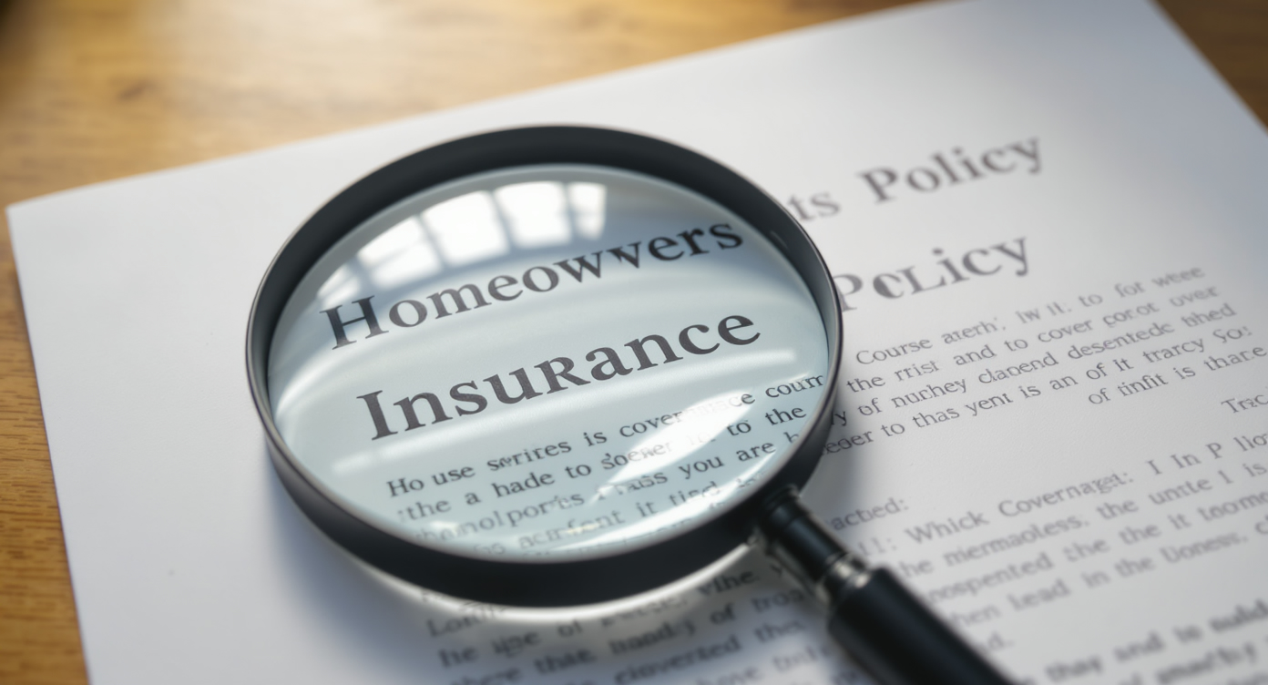 Close-up of homeowner's insurance policy with a magnifying glass, emphasizing insurance details.