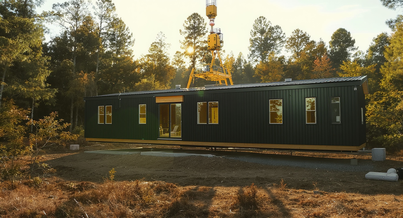 A modern modular home with dark green siding is carefully placed onto a foundation in a sunlit forest clearing.