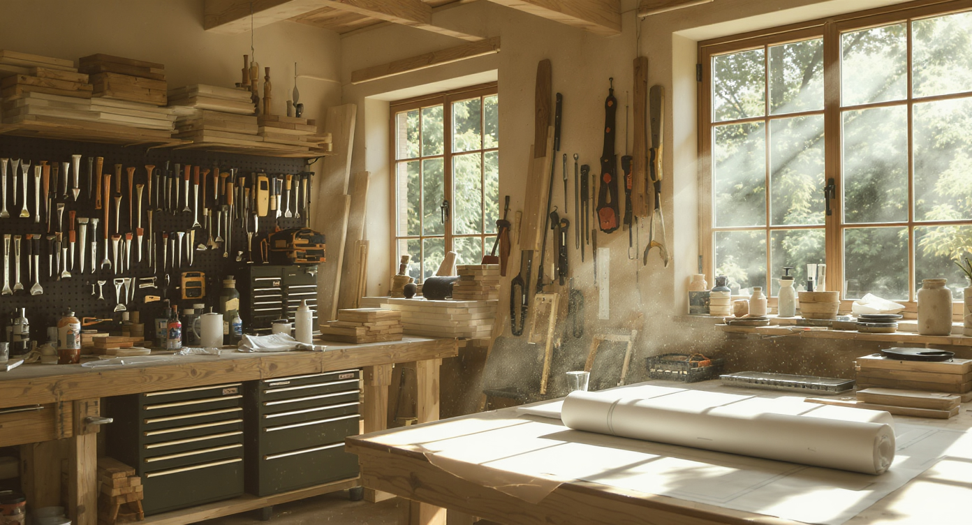 Interior of a well-lit construction workshop with organized tools and materials, ready for a project.
