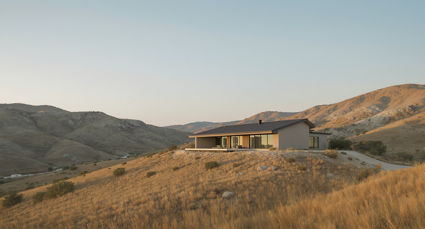 Modern home with fire-resistant materials on a dry hillside, showcasing resilience against wildfire threats.