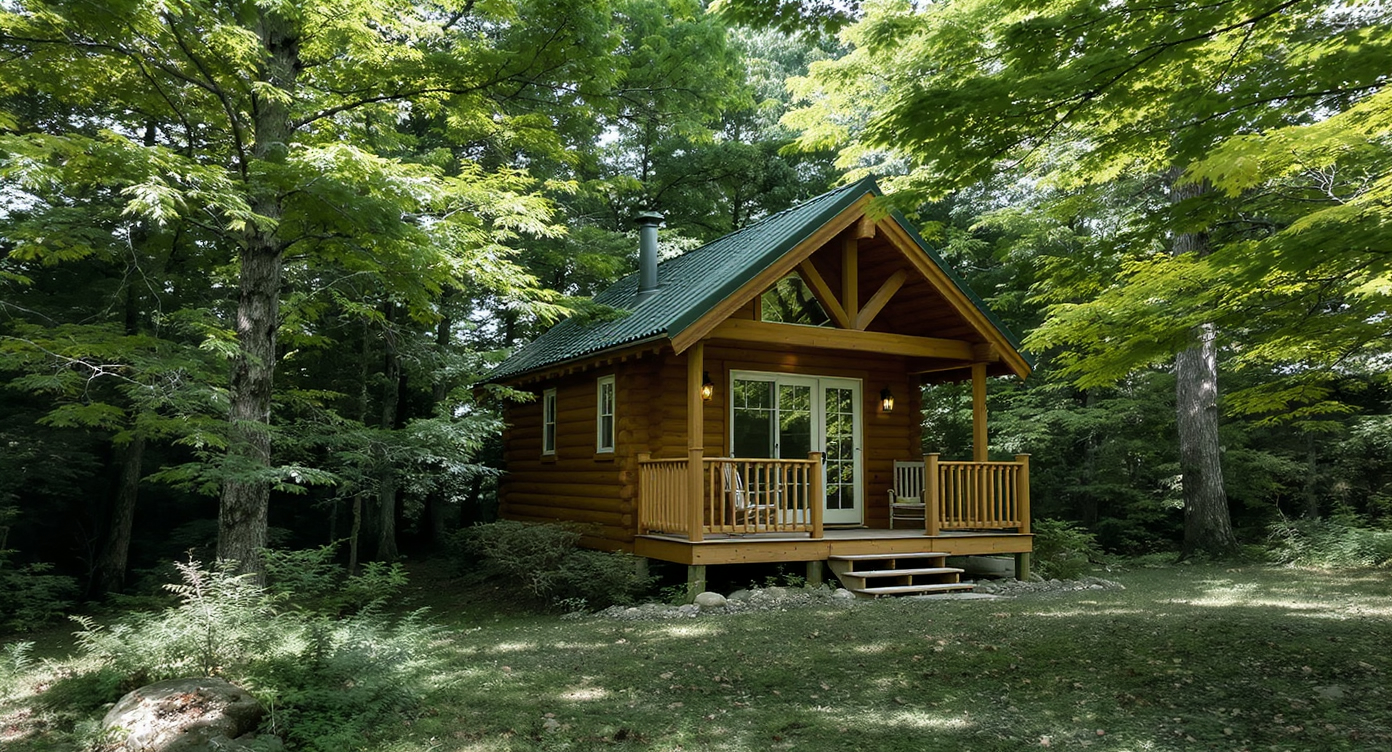 A small, wooden tiny house with a back porch sits in a sunlit forest clearing.